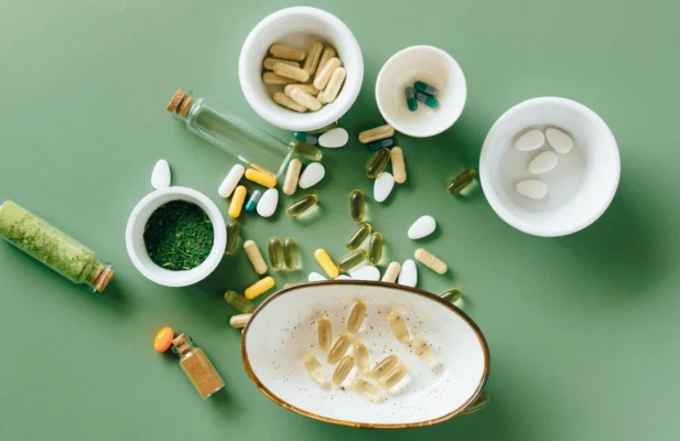 Tabletten und Kapseln liegen auf einem Tisch mit grünem Papier.